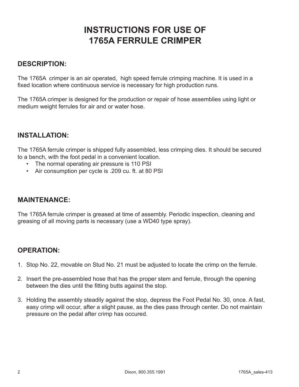 Instructions for use of 1765a ferrule crimper | Dixon Valve 1765A Brass Ferrule Crimper User Manual | Page 2 / 5