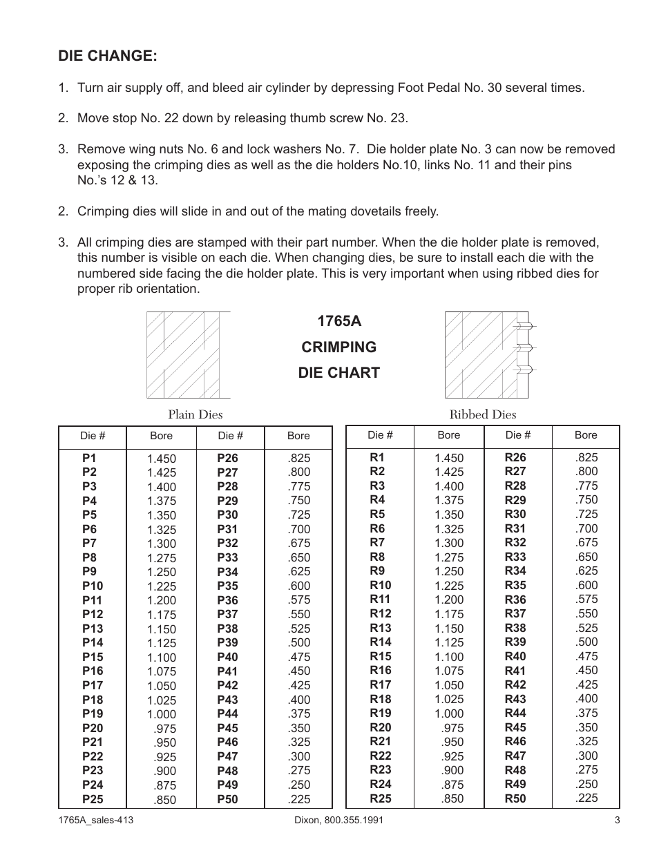 Die change, 1765a crimping die chart | Dixon Valve 1765A Brass Ferrule Crimper User Manual | Page 3 / 5