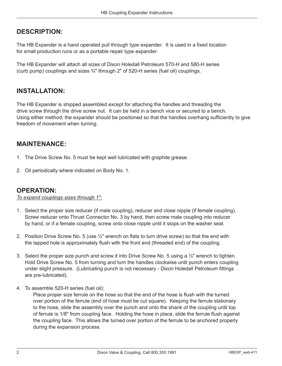 Description, Installation, Maintenance | Operation | Dixon Valve HB Coupling Expander User Manual | Page 2 / 6