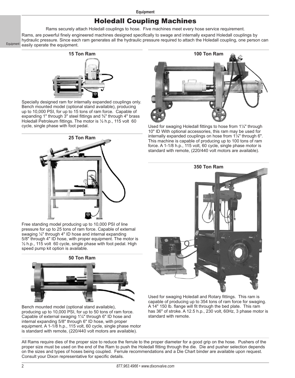Holedall coupling machines | Dixon Valve 25 TON RAM SEC01 Holedall Fittings User Manual | Page 2 / 35