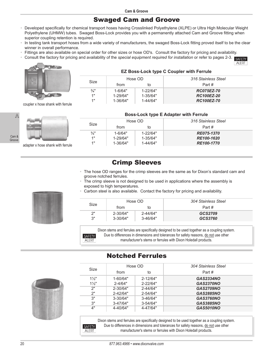 Swaged cam and groove, Crimp sleeves notched ferrules | Dixon Valve 25 TON RAM SEC01 Holedall Fittings User Manual | Page 20 / 35