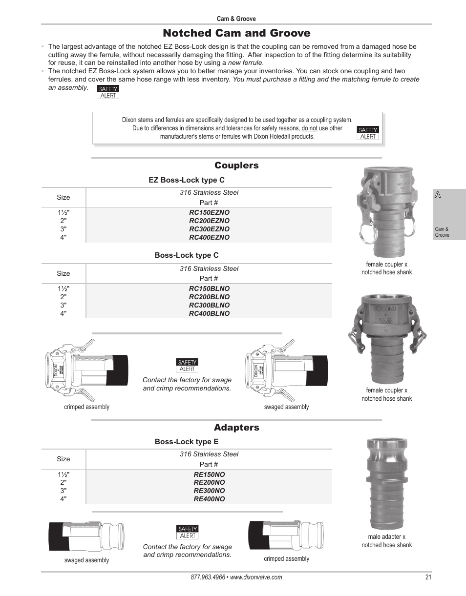 Notched cam and groove, Couplers adapters | Dixon Valve 25 TON RAM SEC01 Holedall Fittings User Manual | Page 21 / 35