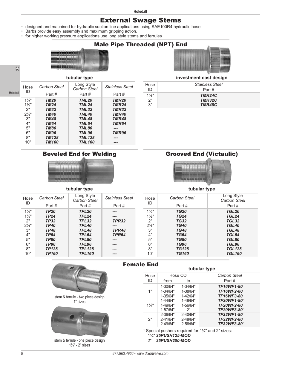 External swage stems, Female end male pipe threaded (npt) end, Grooved end (victaulic) beveled end for welding | Dixon Valve 25 TON RAM SEC01 Holedall Fittings User Manual | Page 6 / 35