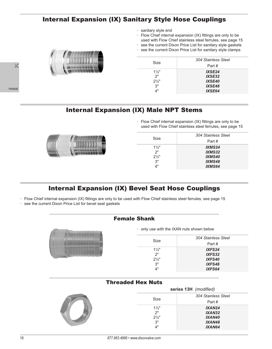 Internal expansion (ix) bevel seat hose couplings, Female shank threaded hex nuts | Dixon Valve 25 TON RAM Complete Manual User Manual | Page 18 / 89