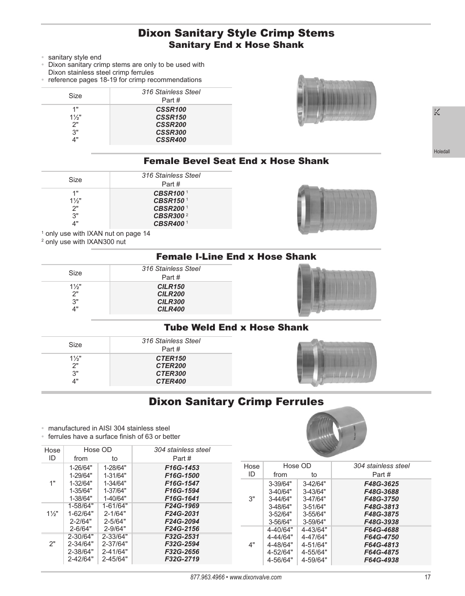 Dixon sanitary style crimp stems, Dixon sanitary crimp ferrules | Dixon Valve 25 TON RAM Complete Manual User Manual | Page 19 / 89
