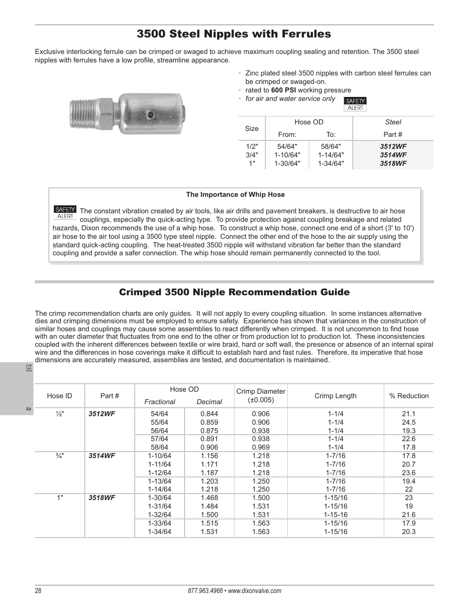 3500 steel nipples with ferrules, Crimped 3500 nipple recommendation guide | Dixon Valve 25 TON RAM Complete Manual User Manual | Page 30 / 89