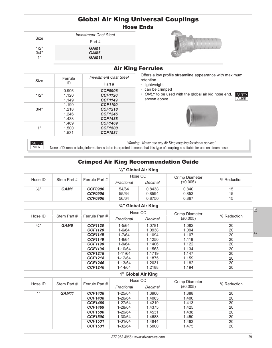 Global air king universal couplings, Hose ends, Air king ferrules | Crimped air king recommendation guide | Dixon Valve 25 TON RAM Complete Manual User Manual | Page 31 / 89