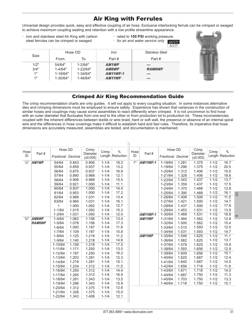 Air king with ferrules, Crimped air king recommendation guide | Dixon Valve 25 TON RAM Complete Manual User Manual | Page 33 / 89