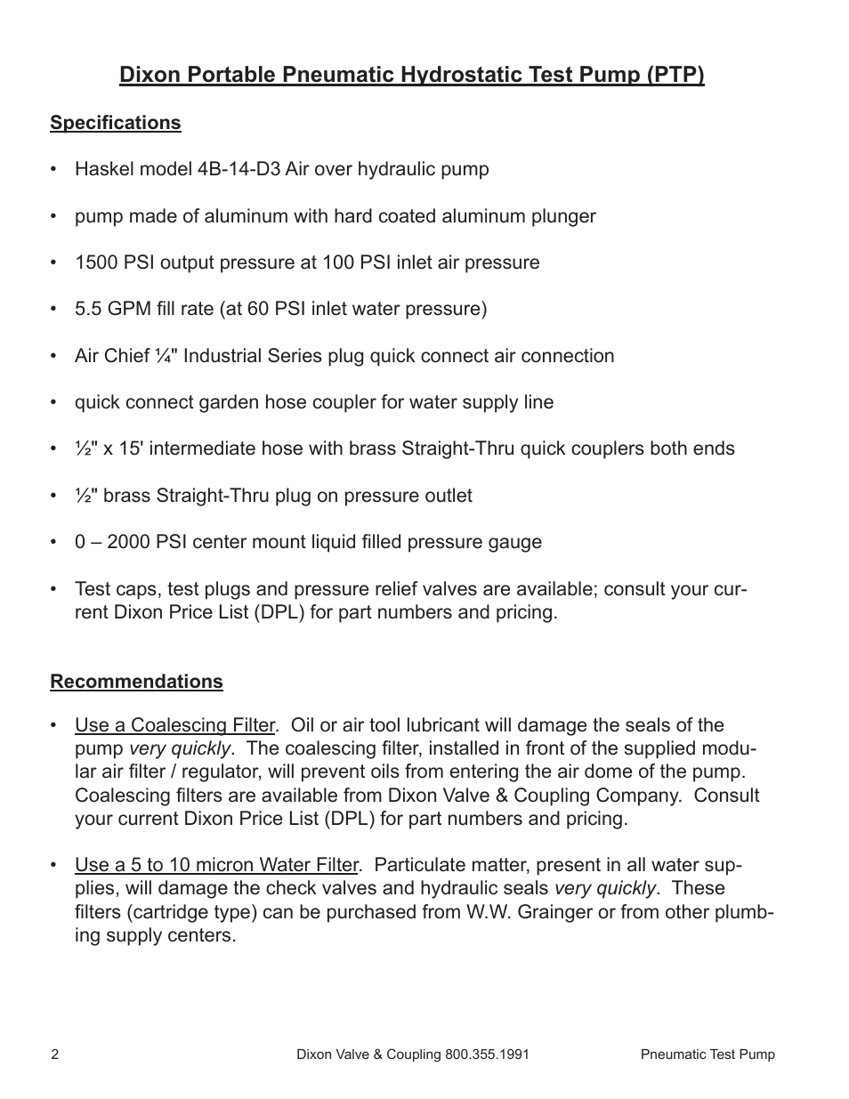 Dixon Valve Pneumatic Test Pump Manual User Manual | Page 2 / 10