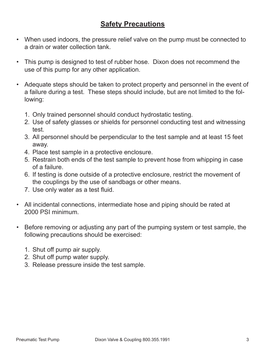 Safety precautions | Dixon Valve Pneumatic Test Pump Manual User Manual | Page 3 / 10