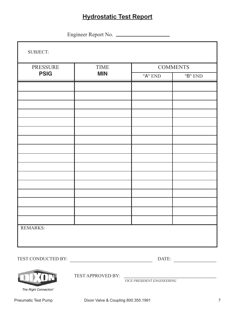 Hydrostatic test report | Dixon Valve Pneumatic Test Pump Manual User Manual | Page 7 / 10