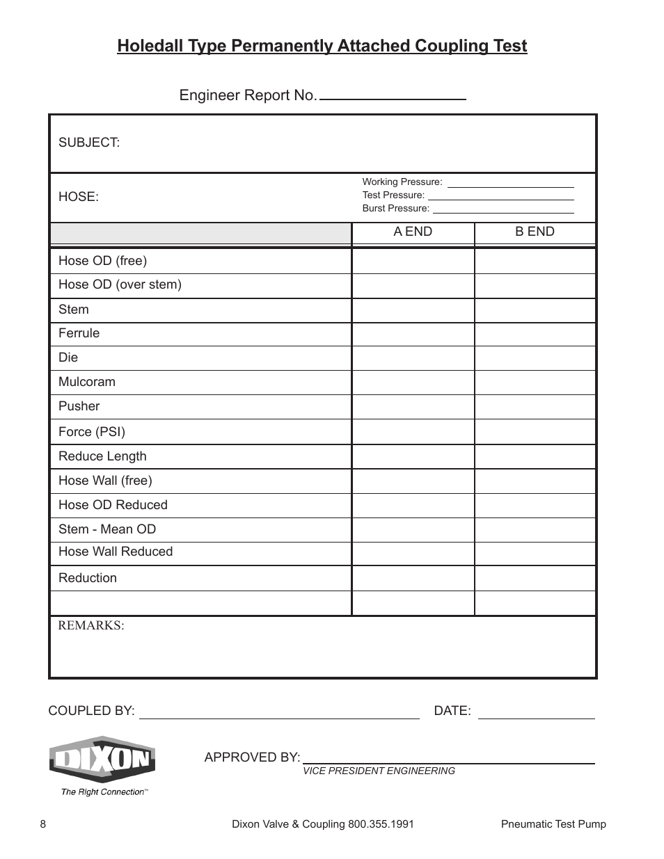 Holedall type permanently attached coupling test, Engineer report no | Dixon Valve Pneumatic Test Pump Manual User Manual | Page 8 / 10