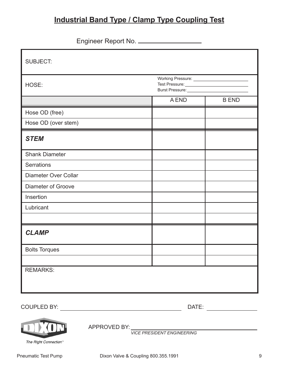 Industrial band type / clamp type coupling test | Dixon Valve Pneumatic Test Pump Manual User Manual | Page 9 / 10