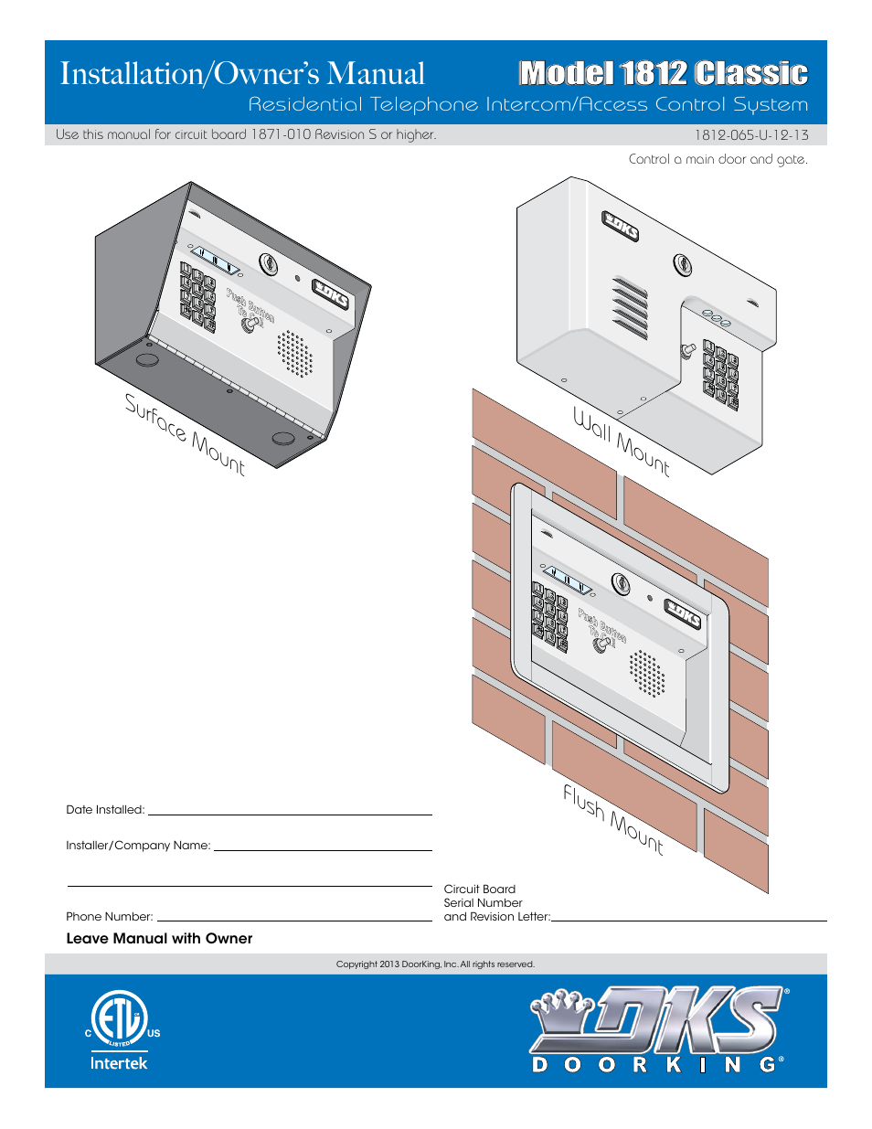 DoorKing 1812 Classic User Manual | 46 pages