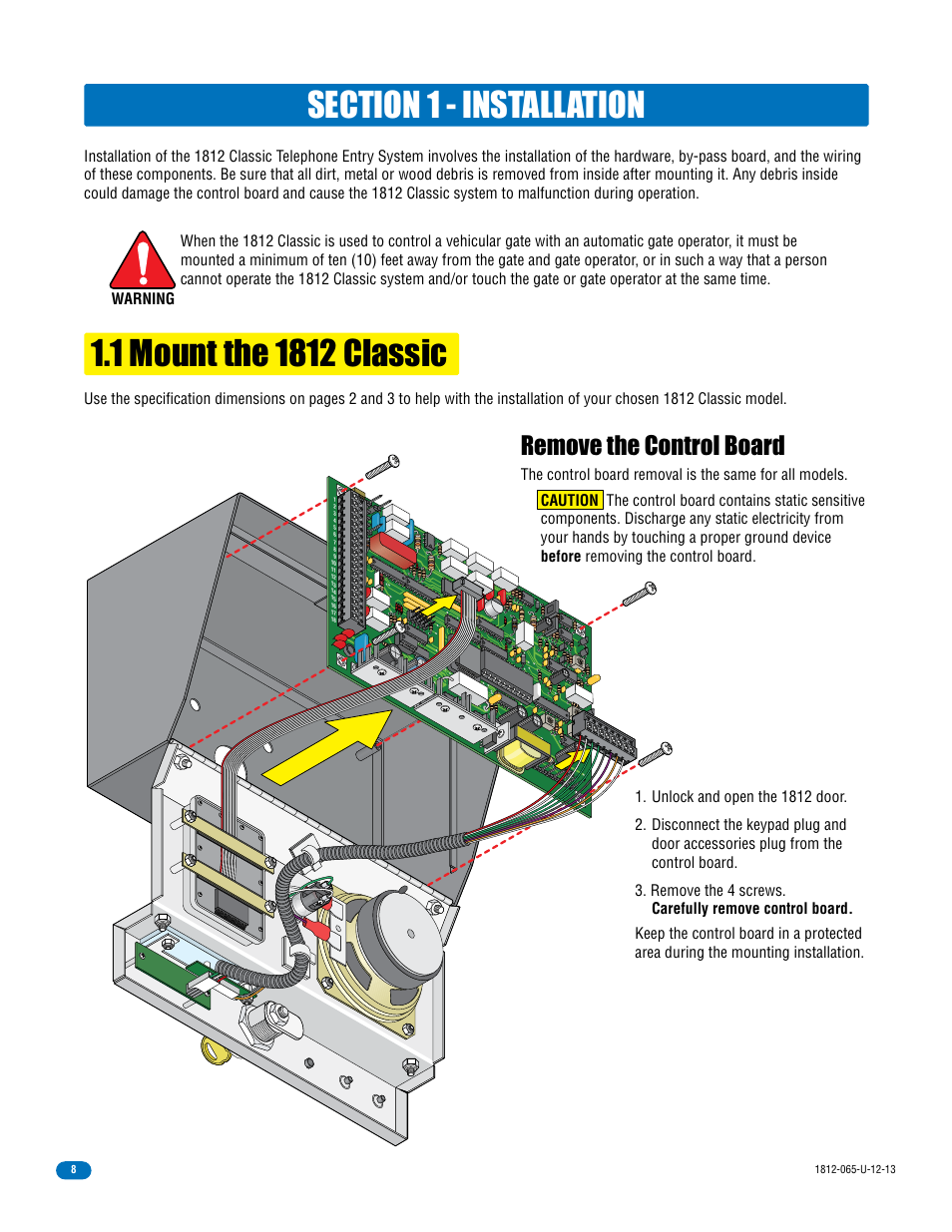 Remove the control board, Warning | DoorKing 1812 Classic User Manual | Page 10 / 46