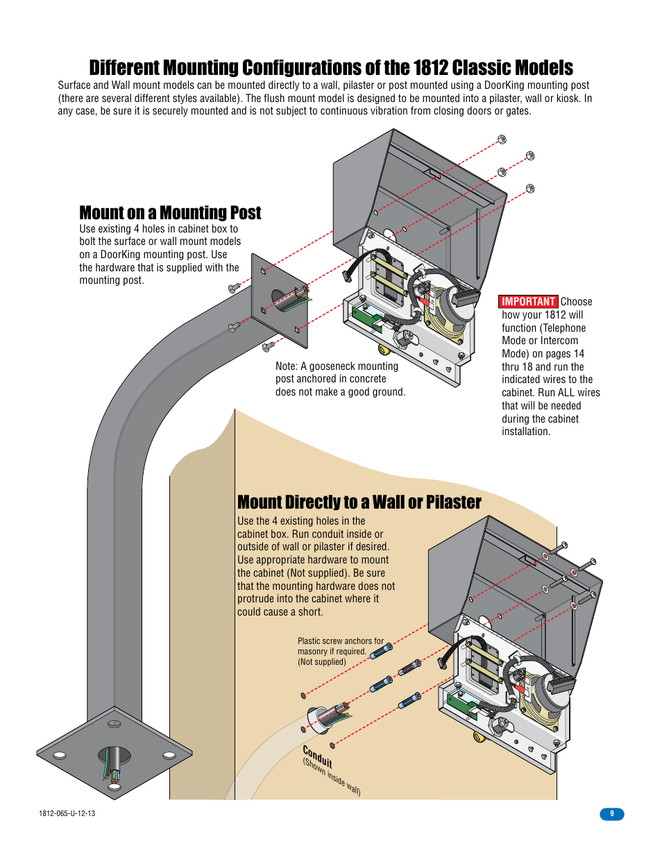 Mount on a mounting post, Mount directly to a wall or pilaster | DoorKing 1812 Classic User Manual | Page 11 / 46