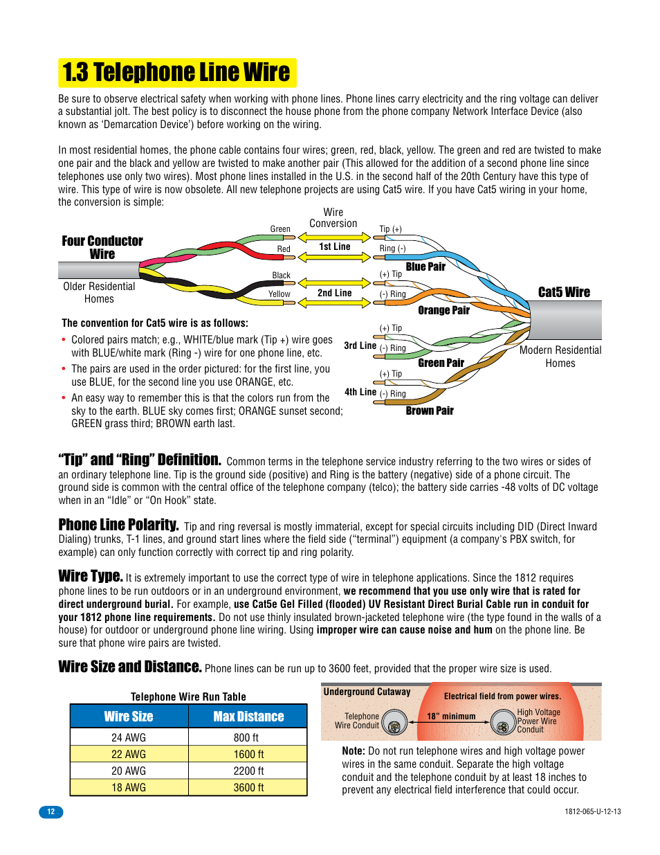 3 telephone line wire, Tip” and “ring” definition, Phone line polarity | Wire type, Wire size and distance | DoorKing 1812 Classic User Manual | Page 14 / 46