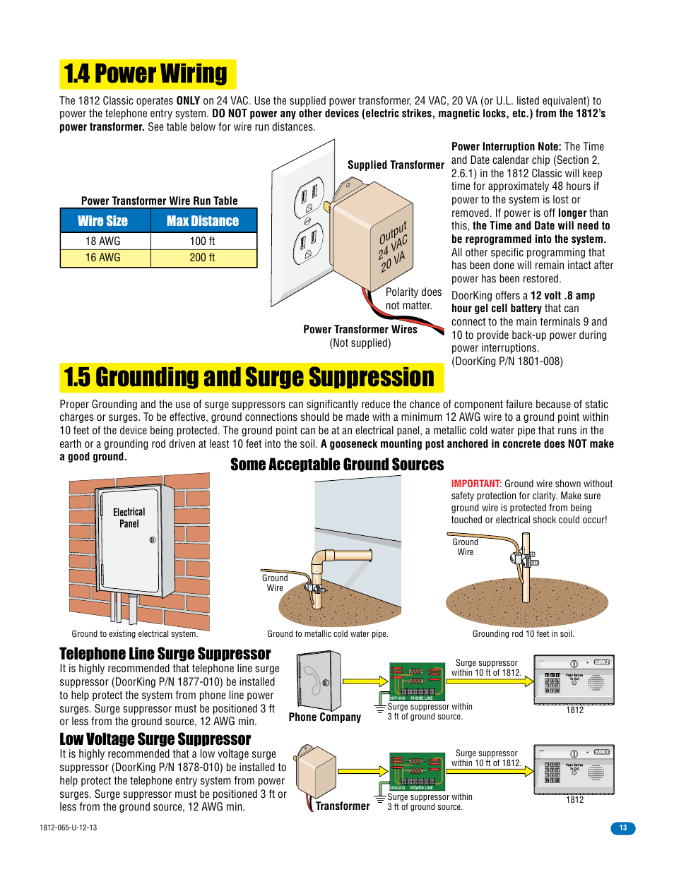 4 power wiring, 5 grounding and surge suppression, Telephone line surge suppressor | Low voltage surge suppressor, Some acceptable ground sources, Wire size max distance, Output 24 v ac 20 v a, Phone company transformer | DoorKing 1812 Classic User Manual | Page 15 / 46