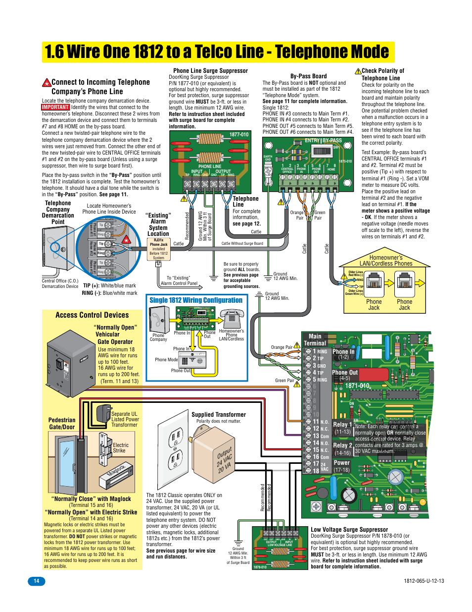 Access control devices, Connect to incoming telephone company’s phone line | DoorKing 1812 Classic User Manual | Page 16 / 46