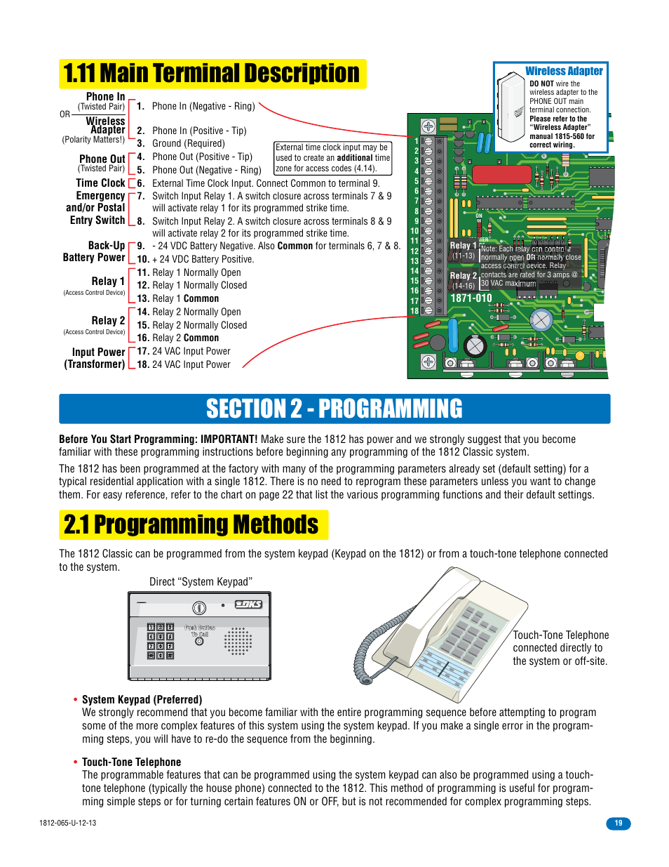 11 main terminal description, 1 programming methods | DoorKing 1812 Classic User Manual | Page 21 / 46