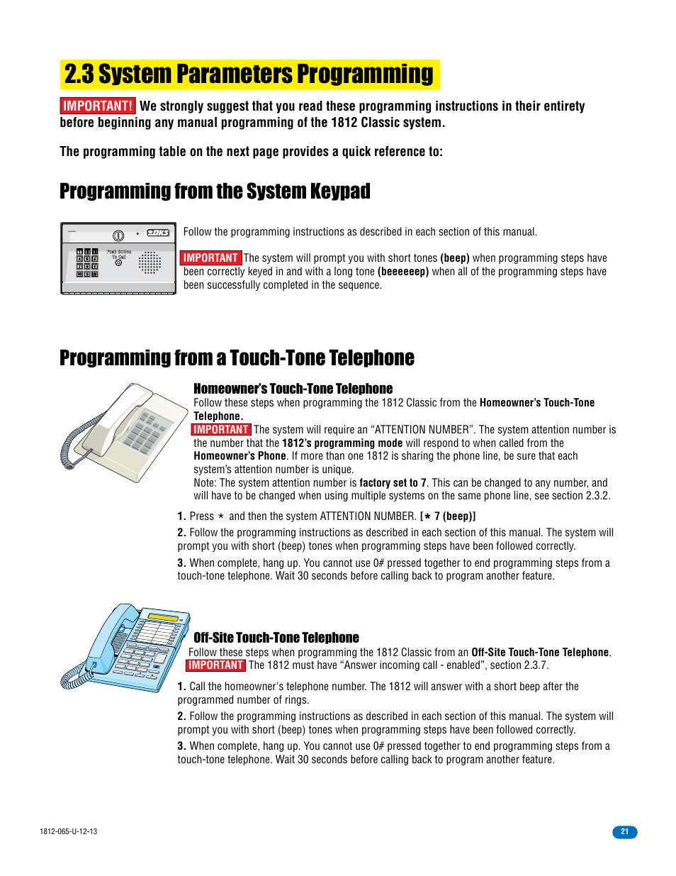 3 system parameters programming, Homeowner’s touch-tone telephone, Off-site touch-tone telephone | DoorKing 1812 Classic User Manual | Page 23 / 46