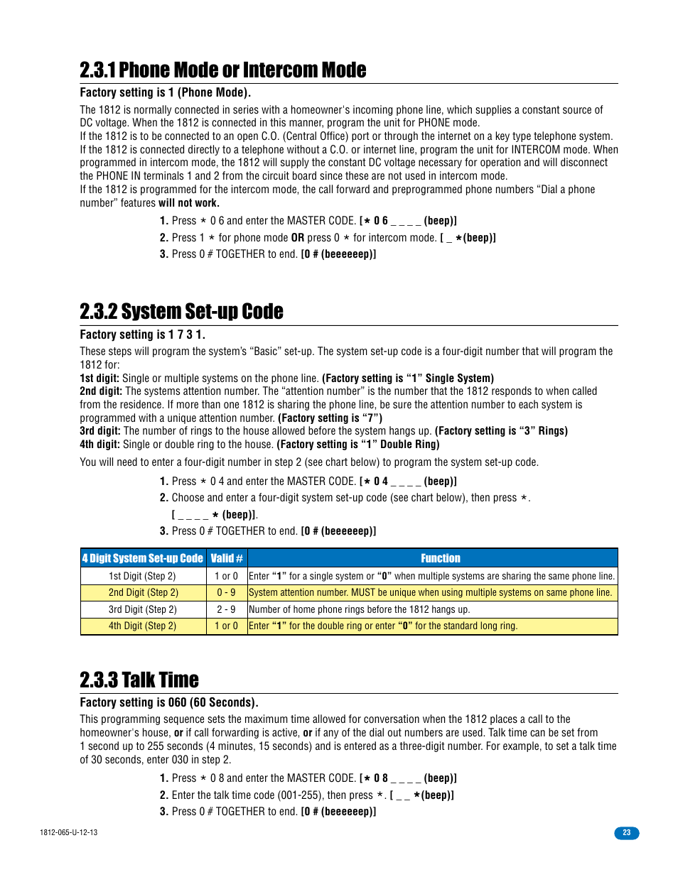 2 system set-up code, 1 phone mode or intercom mode, 3 talk time | DoorKing 1812 Classic User Manual | Page 25 / 46