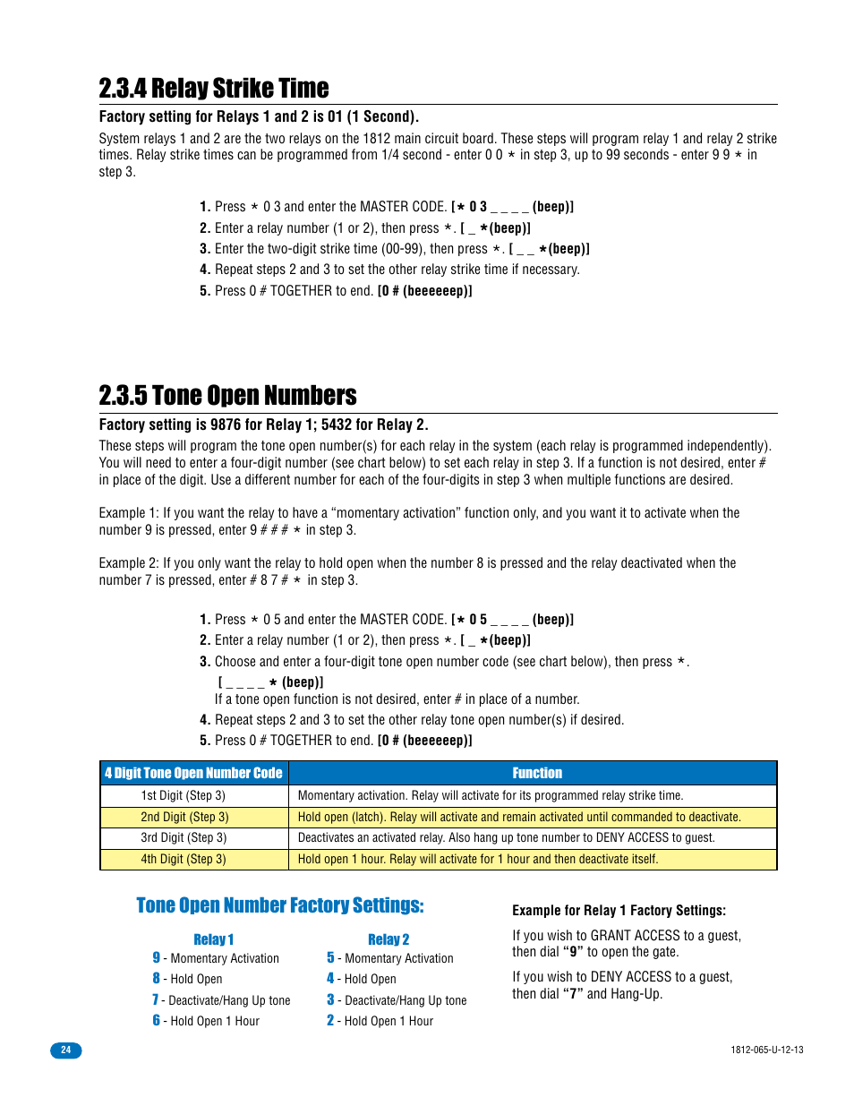 4 relay strike time, 5 tone open numbers, Tone open number factory settings | DoorKing 1812 Classic User Manual | Page 26 / 46