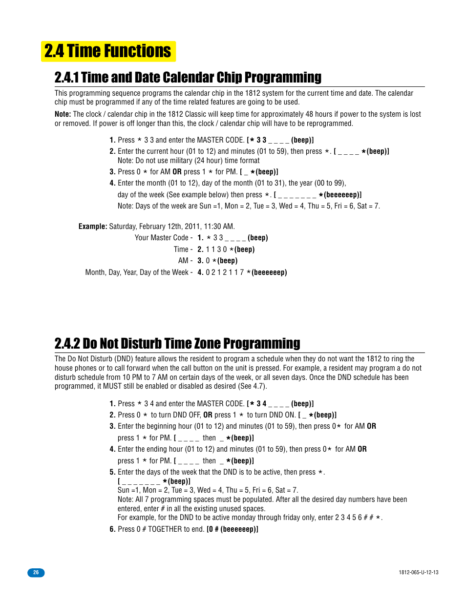 4 time functions, 1 time and date calendar chip programming, 2 do not disturb time zone programming | DoorKing 1812 Classic User Manual | Page 28 / 46