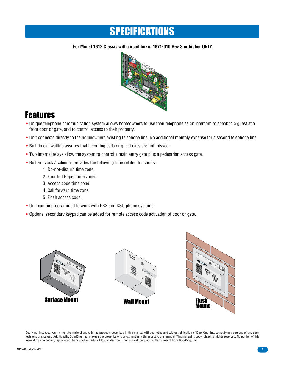 Specifications, Features, Surface mount wall mount flush mount | DoorKing 1812 Classic User Manual | Page 3 / 46