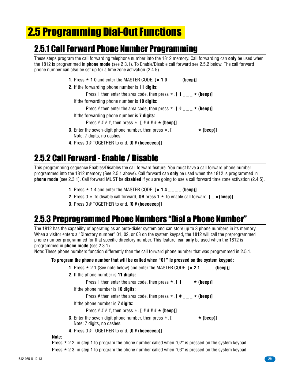 5 programming dial-out functions, 2 call forward - enable / disable, 1 call forward phone number programming | 3 preprogrammed phone numbers “dial a phone number | DoorKing 1812 Classic User Manual | Page 31 / 46