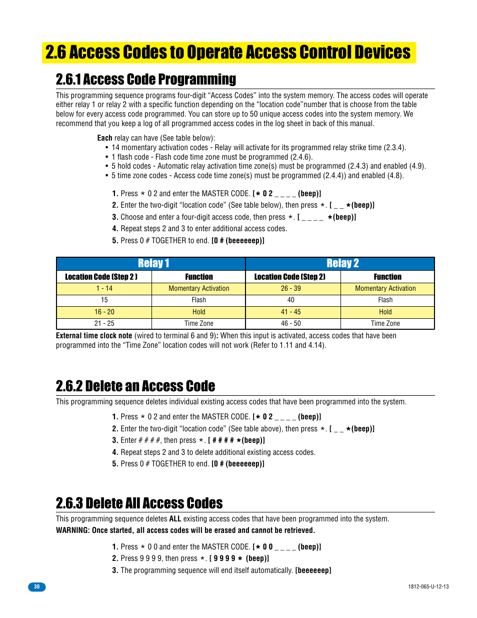 6 access codes to operate access control devices, 1 access code programming, 2 delete an access code | 3 delete all access codes, Relay 1, Relay 2 | DoorKing 1812 Classic User Manual | Page 32 / 46