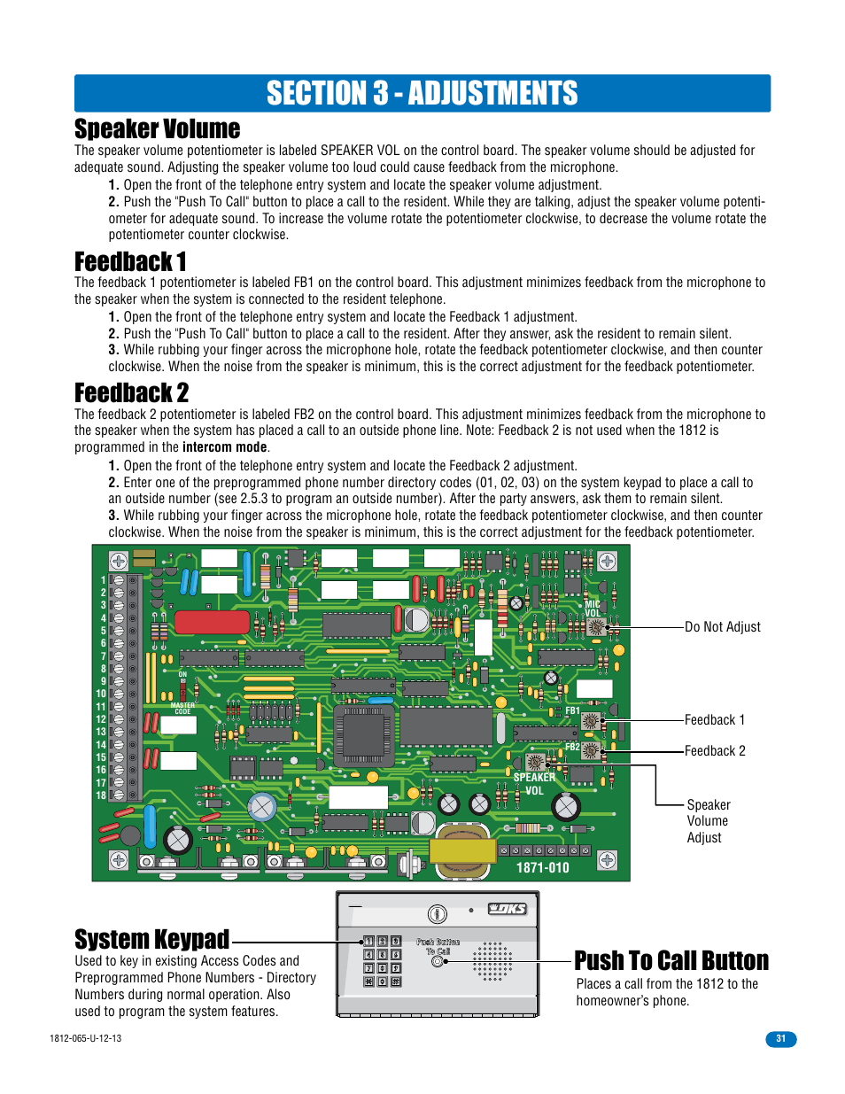 Speaker volume, Feedback 1, Feedback 2 push to call button | System keypad | DoorKing 1812 Classic User Manual | Page 33 / 46