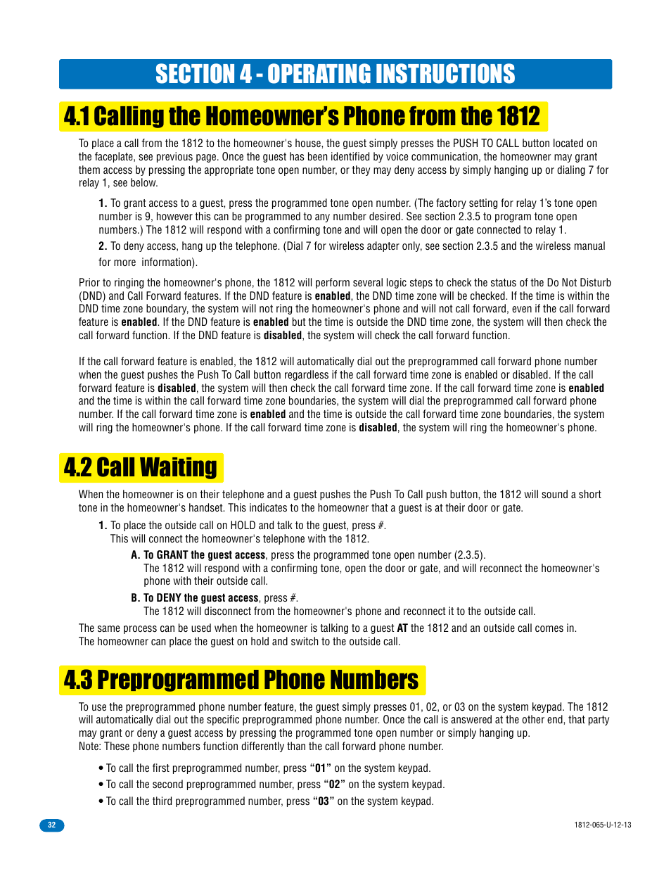 2 call waiting, 3 preprogrammed phone numbers | DoorKing 1812 Classic User Manual | Page 34 / 46