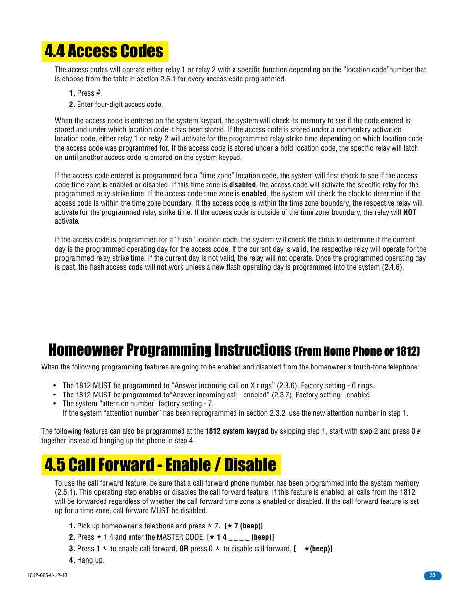 4 access codes, 5 call forward - enable / disable, Homeowner programming instructions | DoorKing 1812 Classic User Manual | Page 35 / 46