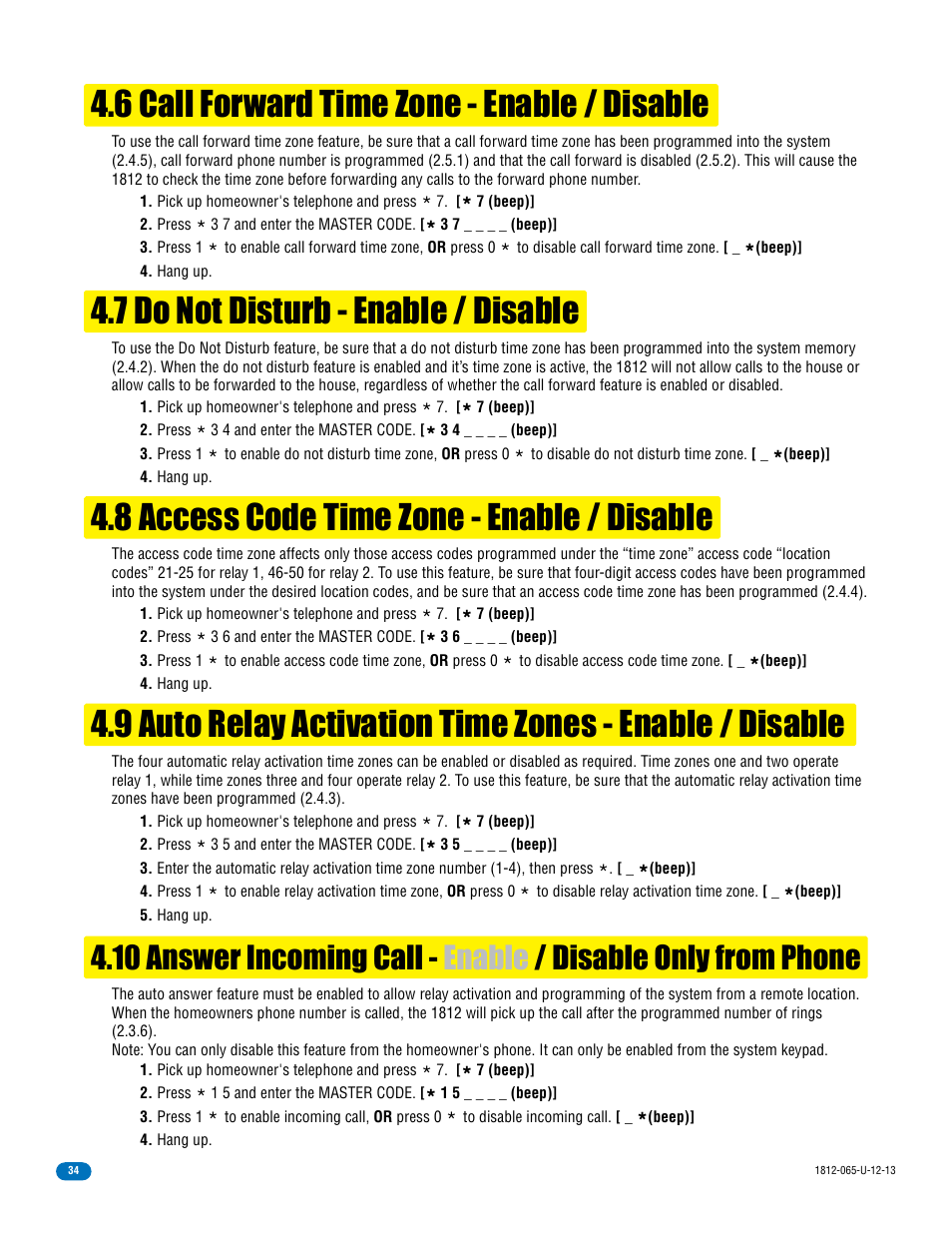 6 call forward time zone - enable / disable, 7 do not disturb - enable / disable, 8 access code time zone - enable / disable | DoorKing 1812 Classic User Manual | Page 36 / 46