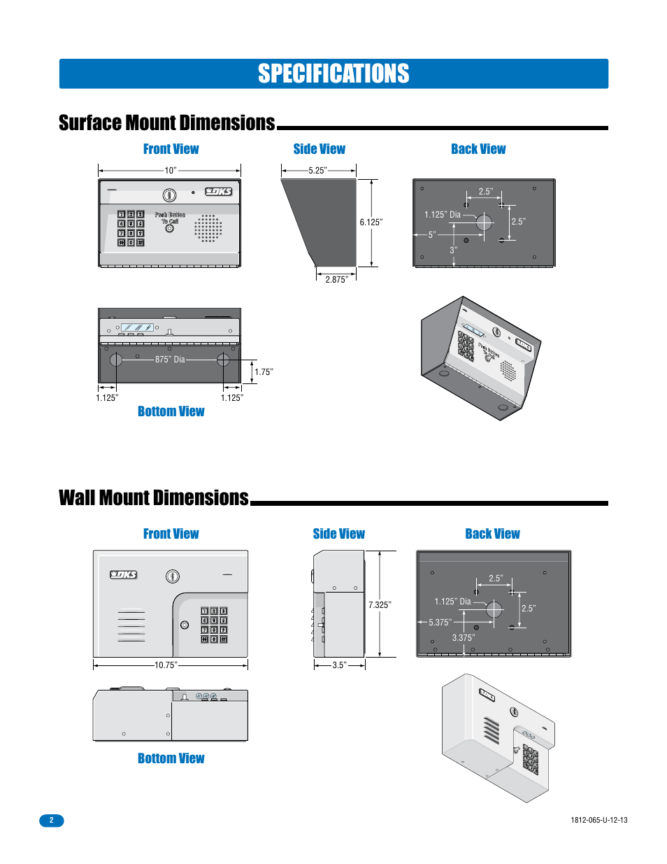 Specifications, Surface mount dimensions, Wall mount dimensions | DoorKing 1812 Classic User Manual | Page 4 / 46