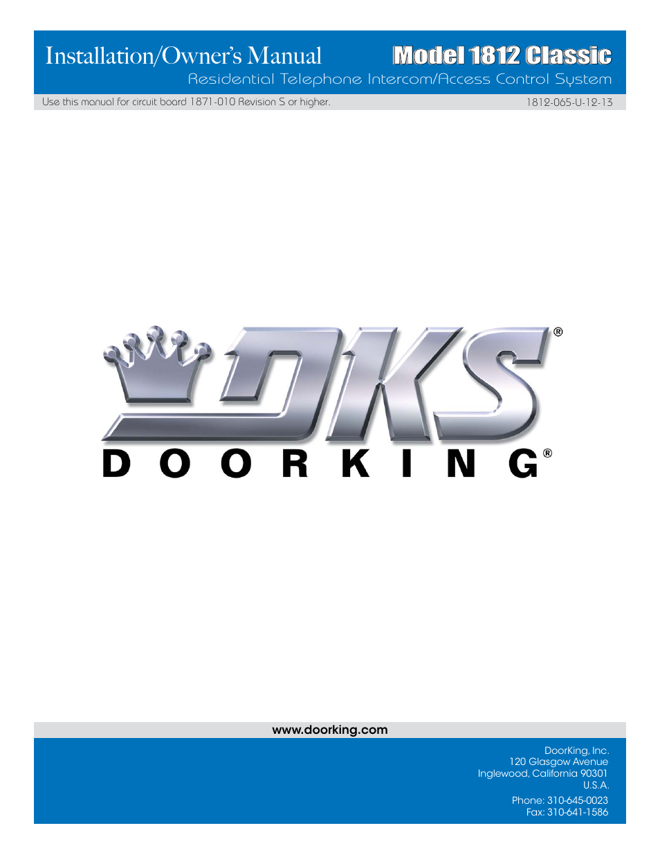 Installation/owner’s manual, Model 1812 classic | DoorKing 1812 Classic User Manual | Page 46 / 46