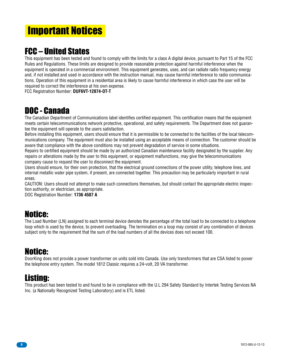 Important notices, Fcc – united states, Doc - canada | Notice, Listing | DoorKing 1812 Classic User Manual | Page 8 / 46