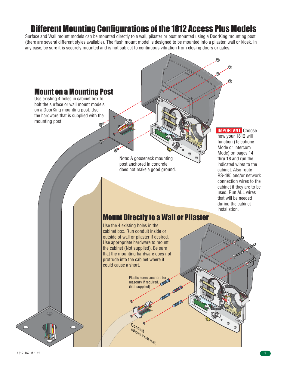 Mount on a mounting post, Mount directly to a wall or pilaster | DoorKing 1812 Access Plus User Manual | Page 11 / 60