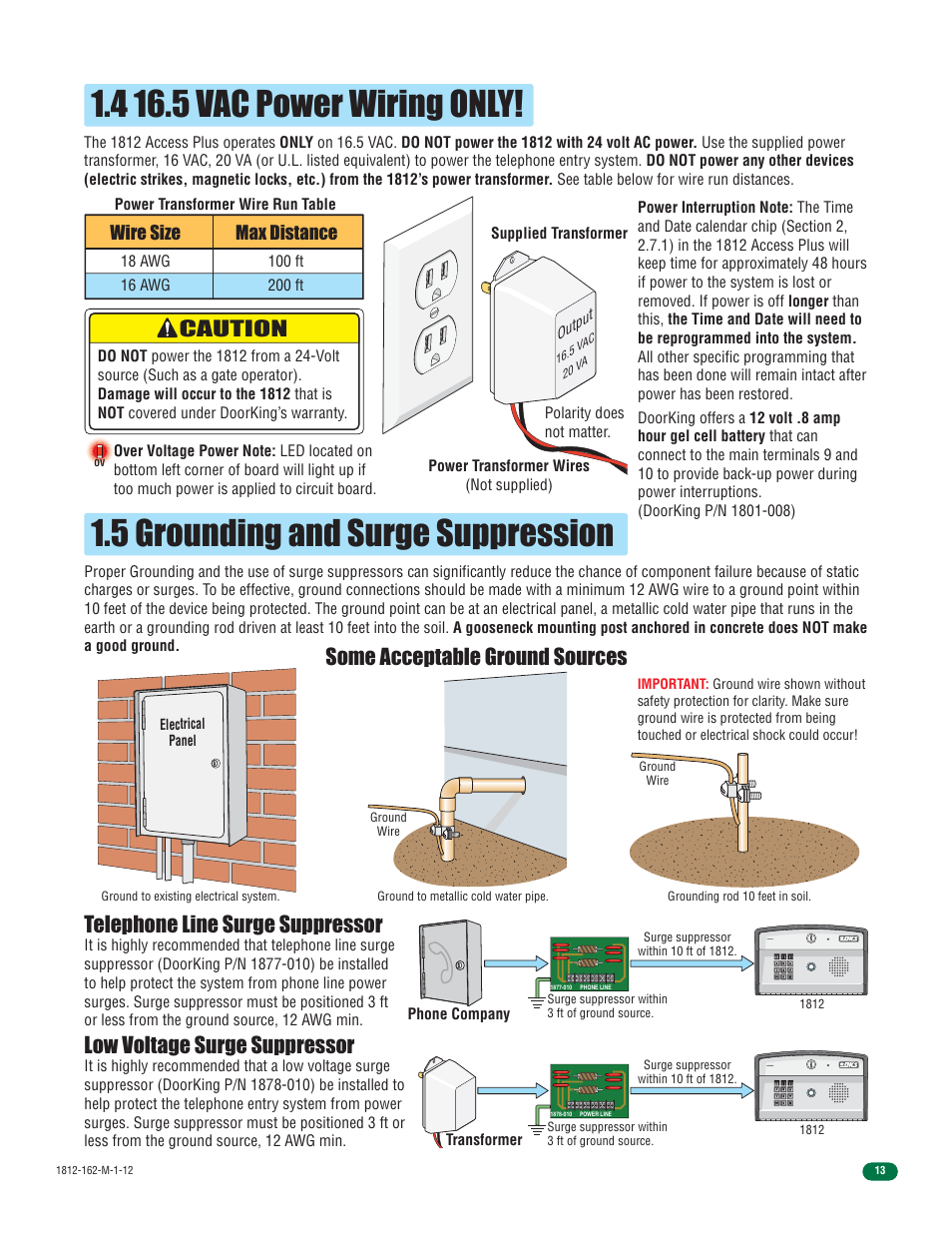 4 16.5 vac power wiring only, 5 grounding and surge suppression, Caution | Telephone line surge suppressor, Low voltage surge suppressor, Some acceptable ground sources, Wire size max distance | DoorKing 1812 Access Plus User Manual | Page 15 / 60