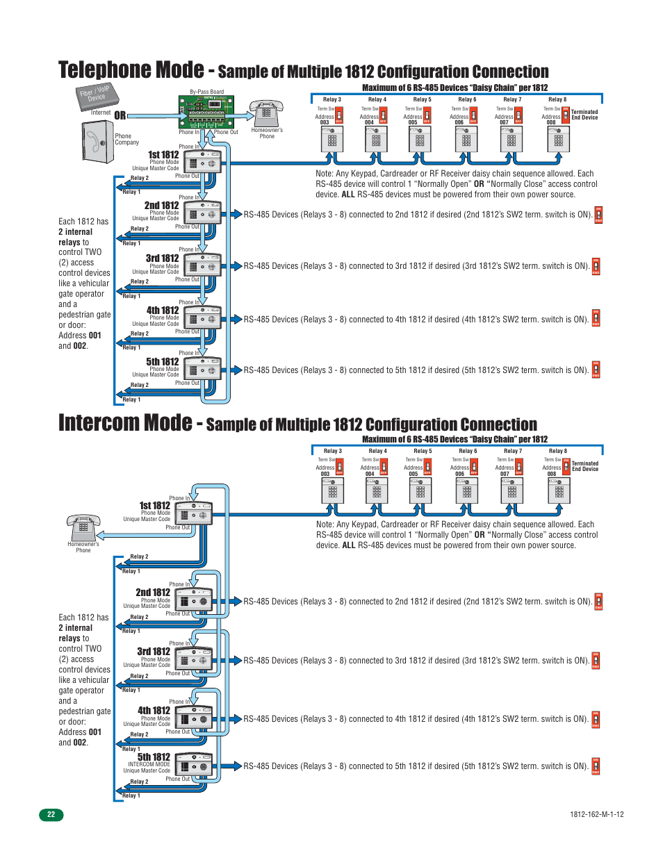 Telephone mode, Intercom mode, Sample of multiple 1812 configuration connection | DoorKing 1812 Access Plus User Manual | Page 24 / 60