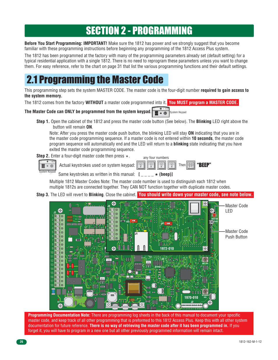 1 programming the master code, Beep | DoorKing 1812 Access Plus User Manual | Page 28 / 60