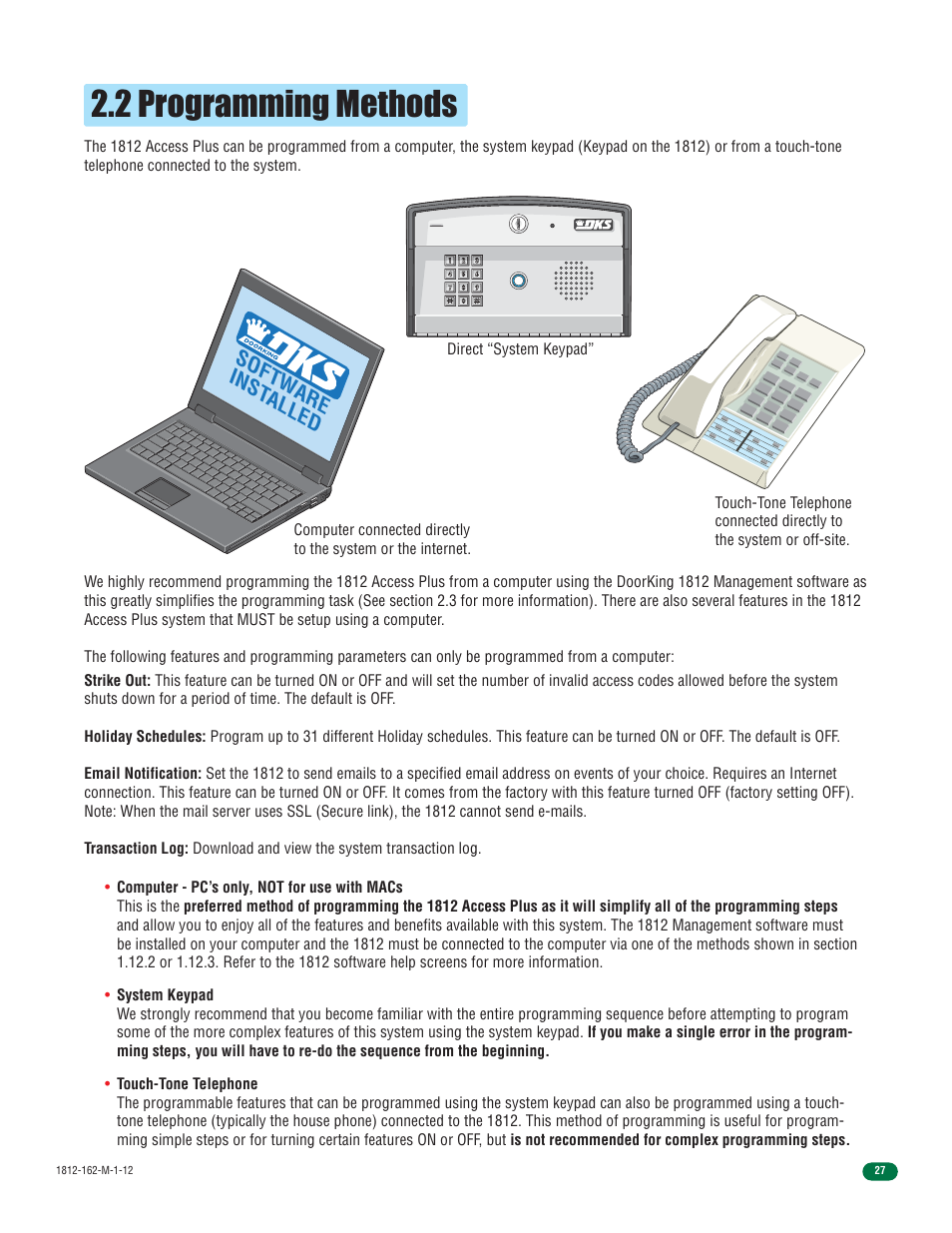 2 programming methods, Softw are inst alled | DoorKing 1812 Access Plus User Manual | Page 29 / 60