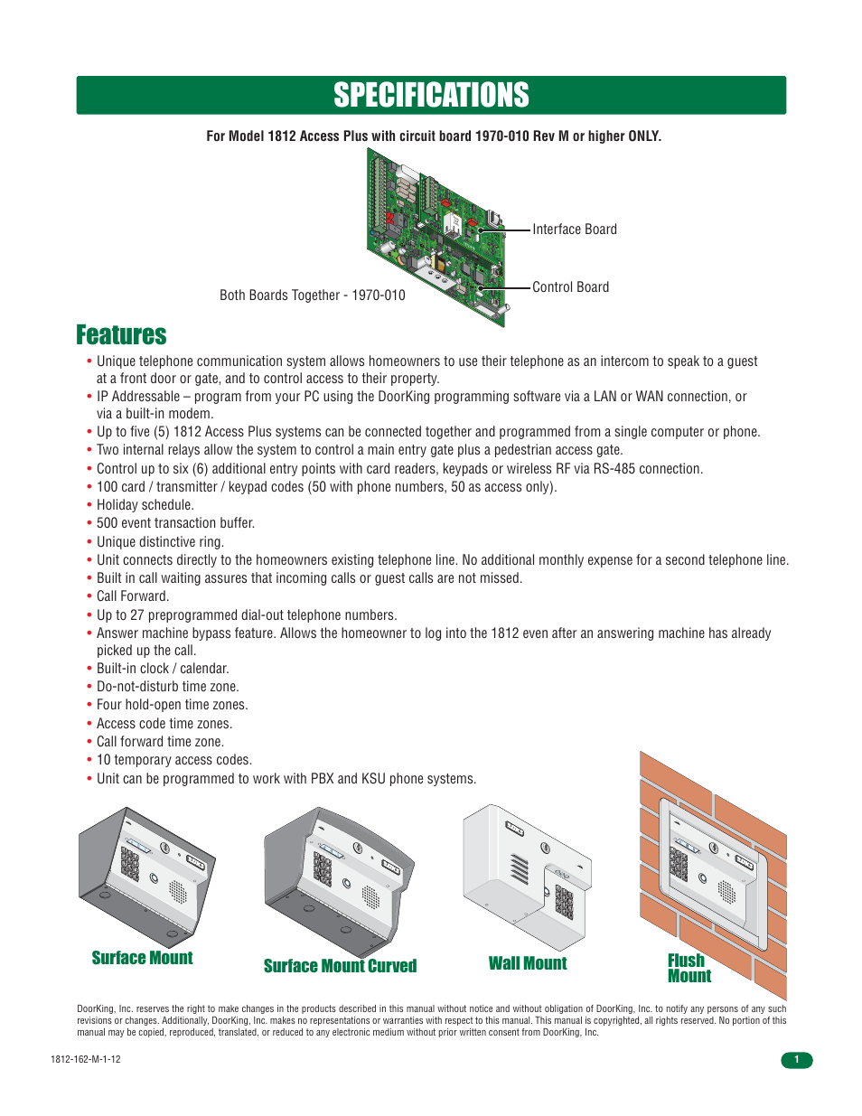 Specifications, Features, Interface board control board | Speaker vol mic vol keyp ad, Master code, Modem, Sw 1 sw2, Bad dns lan down rs-485 rx | DoorKing 1812 Access Plus User Manual | Page 3 / 60