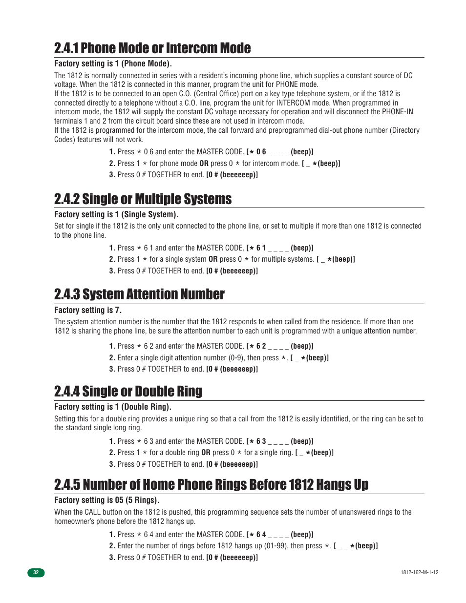 1 phone mode or intercom mode, 2 single or multiple systems, 3 system attention number | 4 single or double ring | DoorKing 1812 Access Plus User Manual | Page 34 / 60