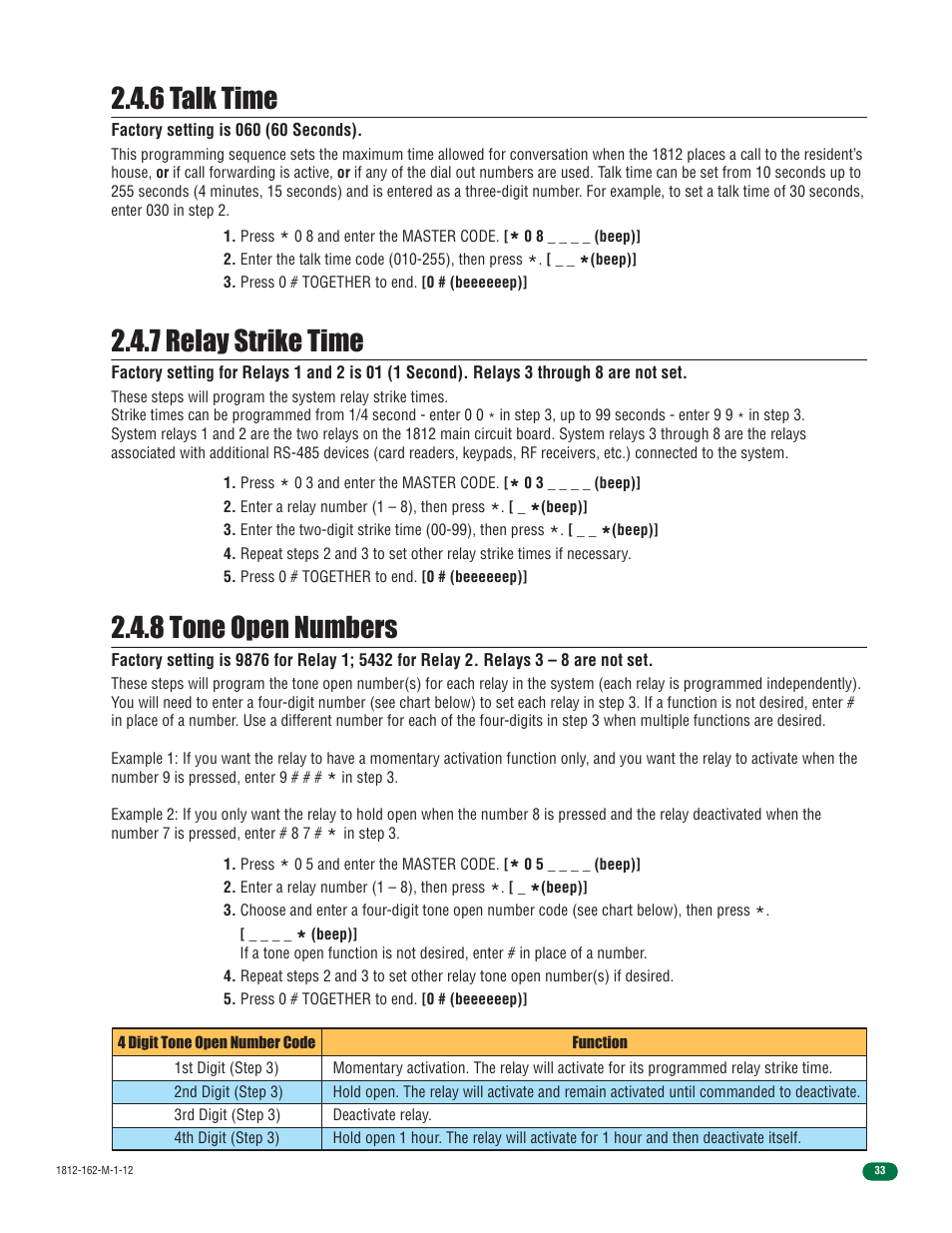6 talk time, 7 relay strike time, 8 tone open numbers | DoorKing 1812 Access Plus User Manual | Page 35 / 60