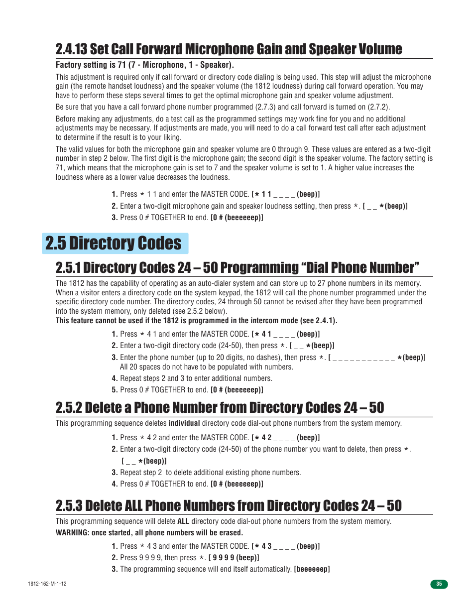 5 directory codes | DoorKing 1812 Access Plus User Manual | Page 37 / 60