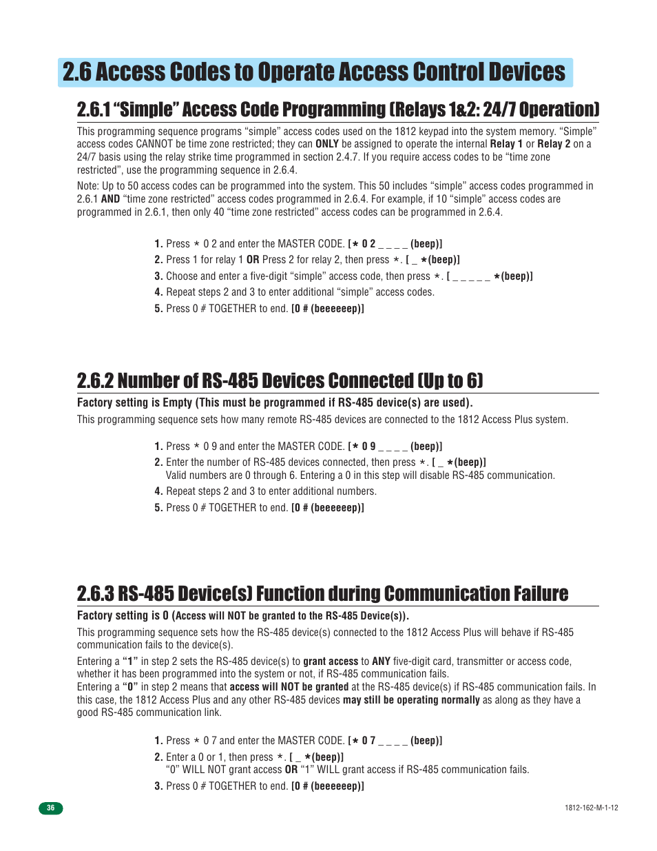 6 access codes to operate access control devices | DoorKing 1812 Access Plus User Manual | Page 38 / 60