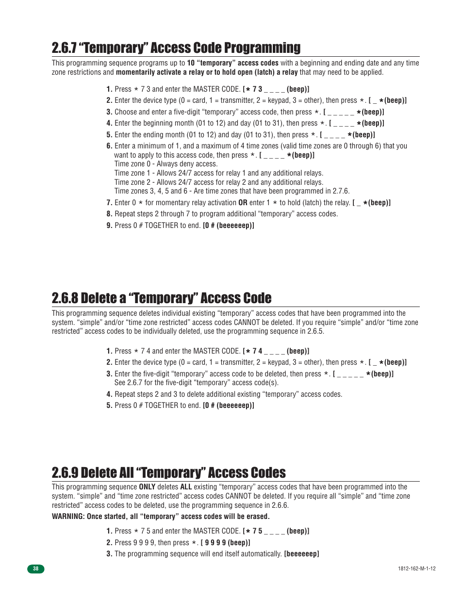 8 delete a “temporary” access code, 7 “temporary” access code programming, 9 delete all “temporary” access codes | DoorKing 1812 Access Plus User Manual | Page 40 / 60