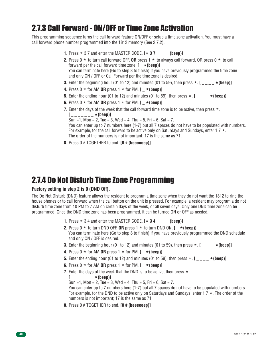 4 do not disturb time zone programming, 3 call forward - on/off or time zone activation | DoorKing 1812 Access Plus User Manual | Page 42 / 60